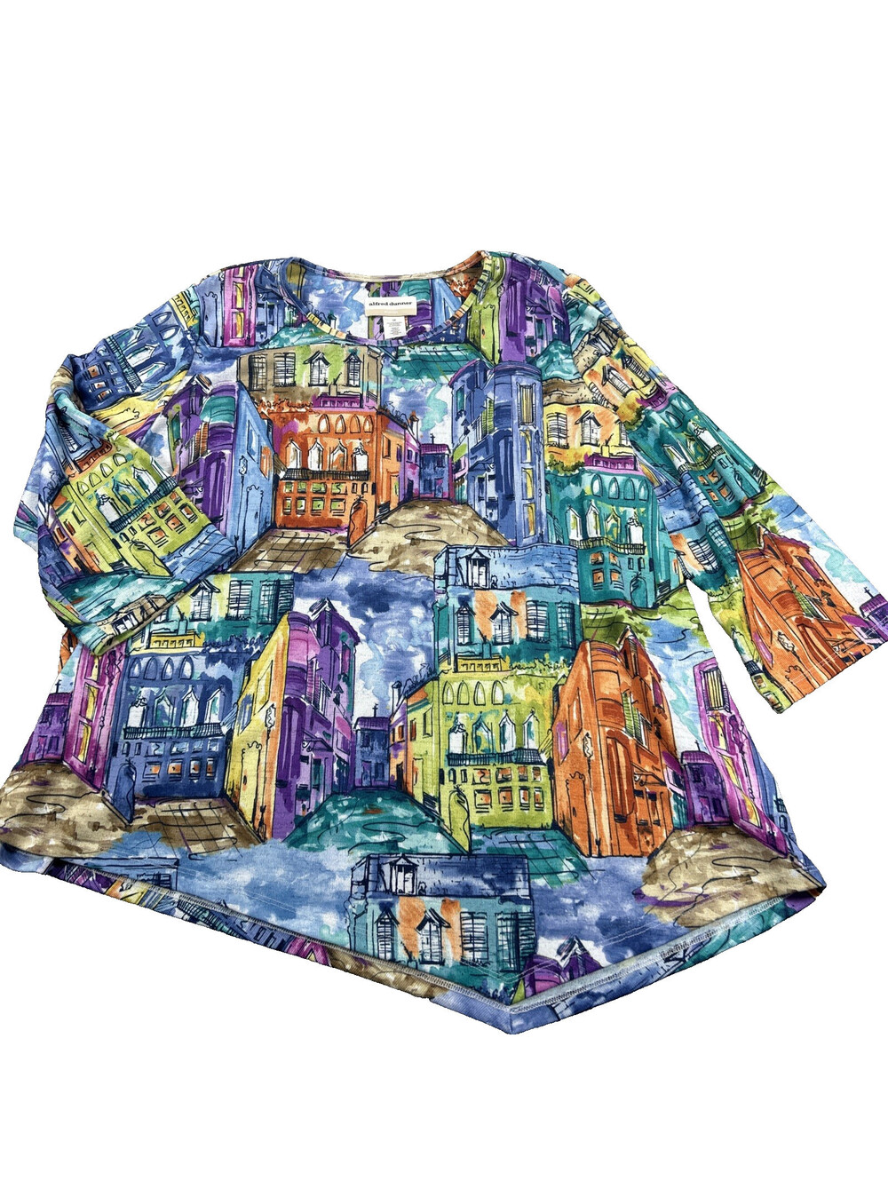 Alfred Dunner Size 2XL Colorful Cityscape Jersey Knit Top 3/4 Sleeve Studded